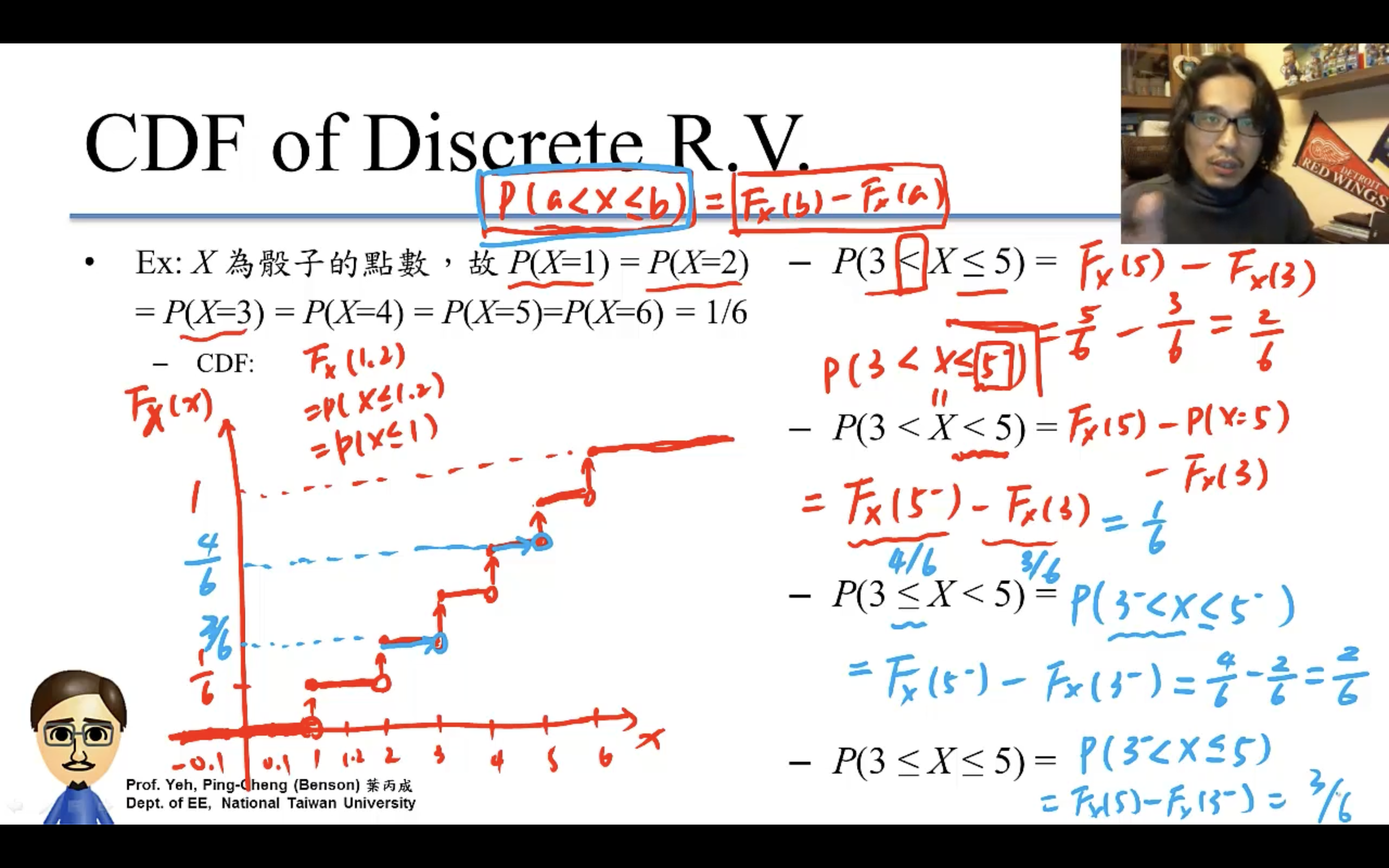 discrete r.v.函數曲線是階梯式的，所以X的區間有沒有等於包不包含邊界區別很大